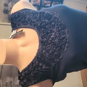 NWT ☆ Chelsea & Theodore Night Life Navy Blue Tank Top w/ruffle flower neck-line